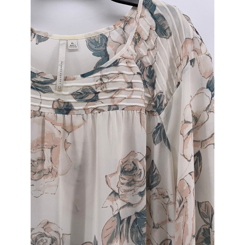 LAUREN CONRAD Women's White Floral Pleated 3/4 Sleeve Top SZ XL