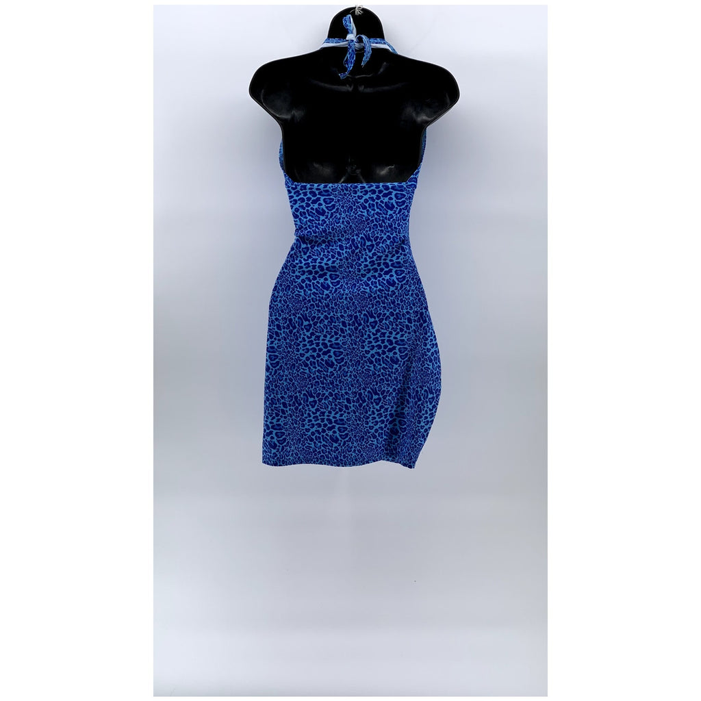 UNBRANDED Women's Blue Y2K Cheetah V-Neck Sleeveless Bodycon Mini Dress SZ S