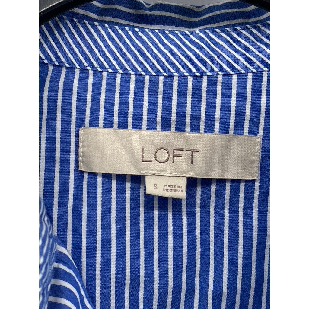 LOFT Women's Blue-White Striped Button-Up Round-Hem Long Sleeve Top SZ S
