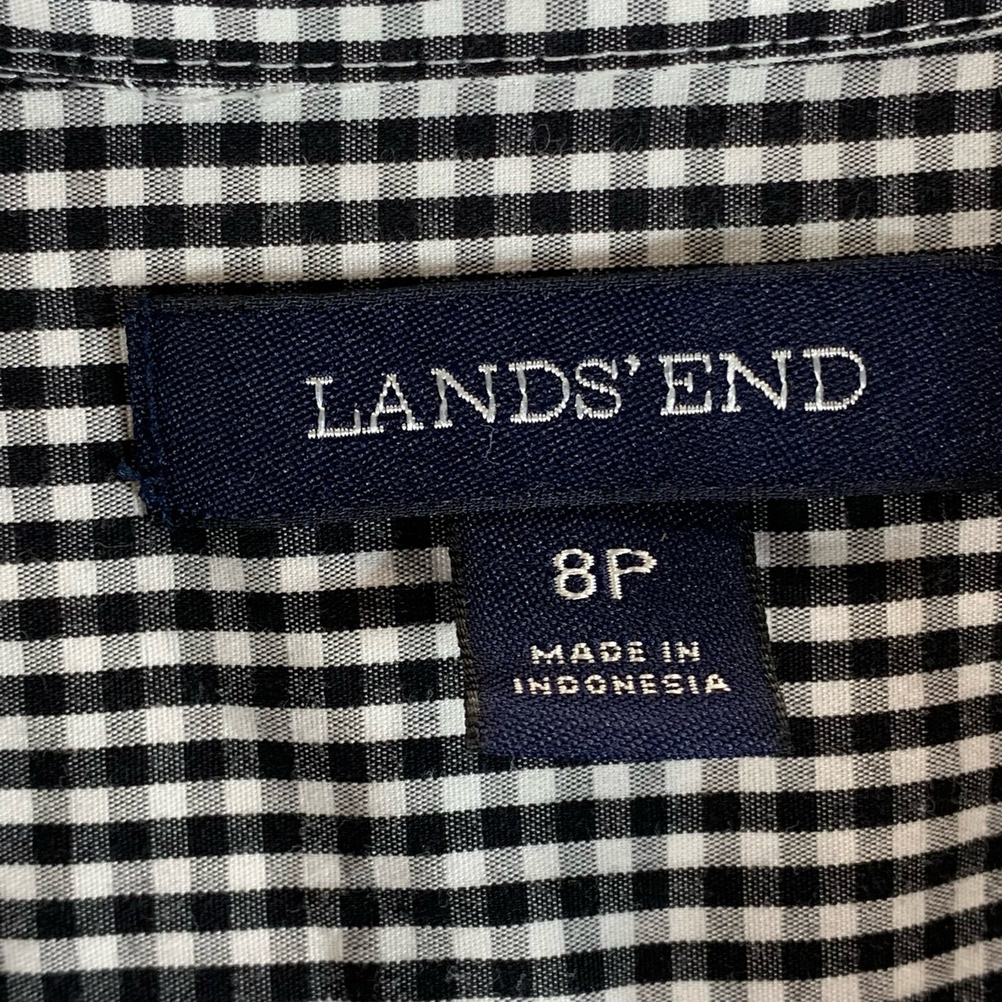 LANDS' END Women's Petite Black Gingham No Iron Supima Button-Up Top SZ 8P