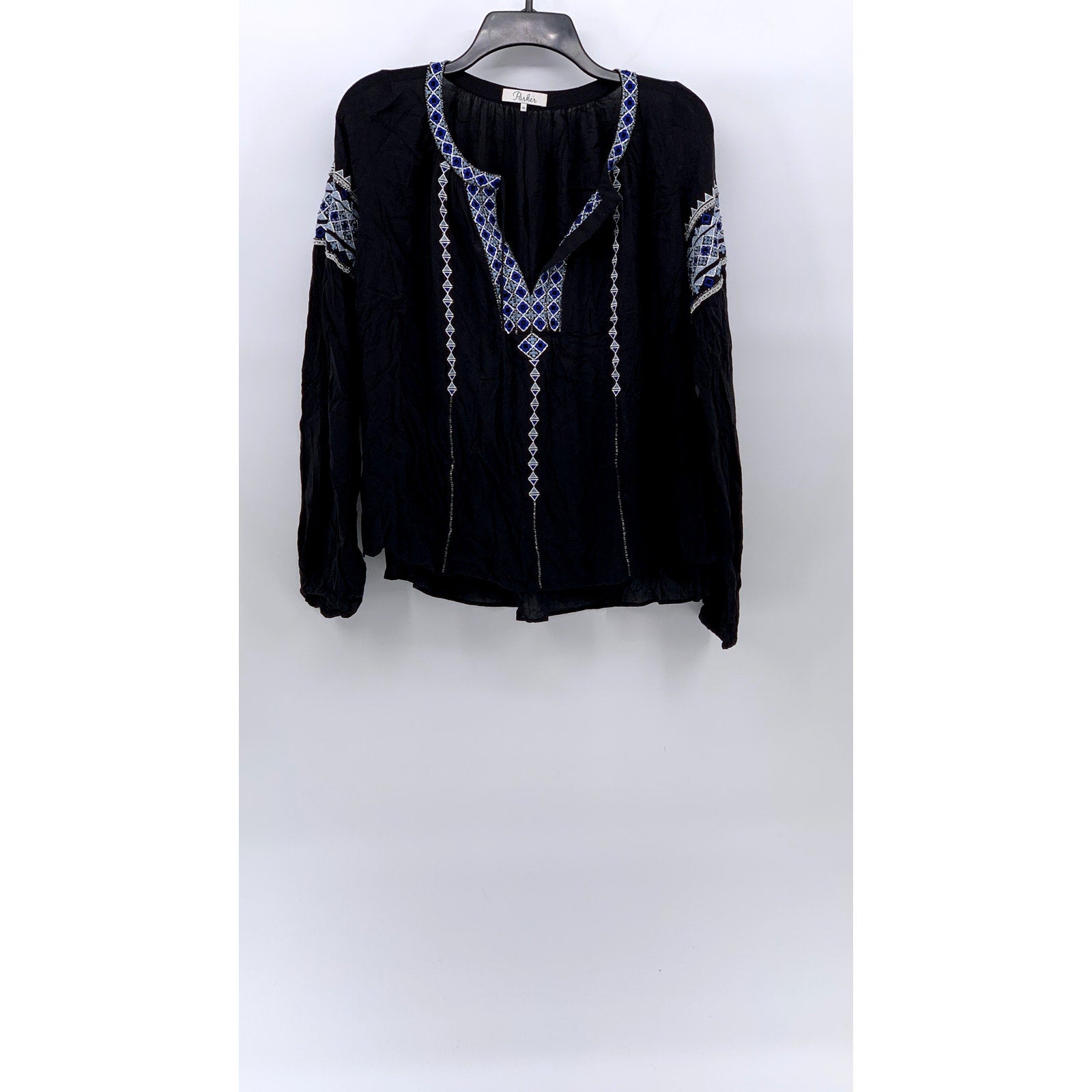PARKER Women's Black-Blue Boho Beaded Split Tie Neck Long Sleeve Top SZ XS