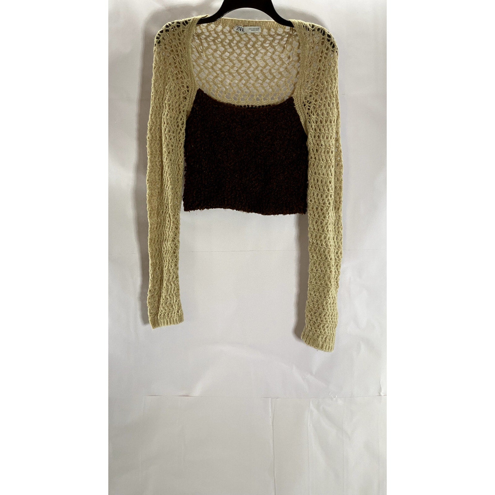 ZARA Women's Brown/Tan Knit Straight-Neck Long Sleeve Crop Top SZ M