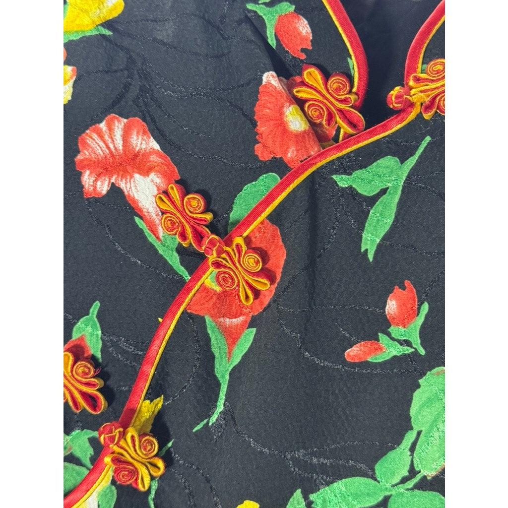 Women's Black Carnation Floral Print Wrap Cheongsam Frog-Closure Dress SZ M