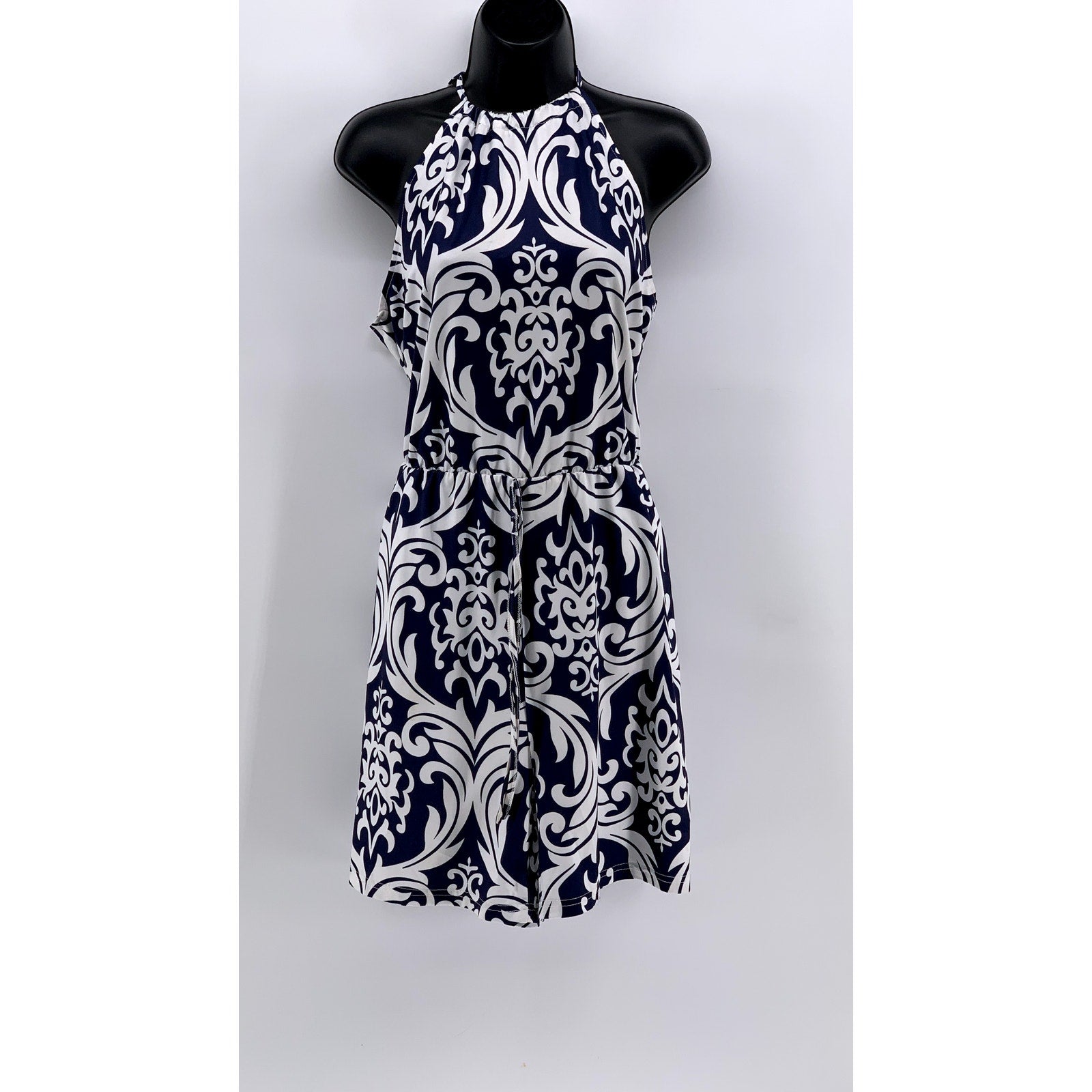 EMERY ROSE Women's Navy-White Printed Halter Waist-Tie Dress SZ XL
