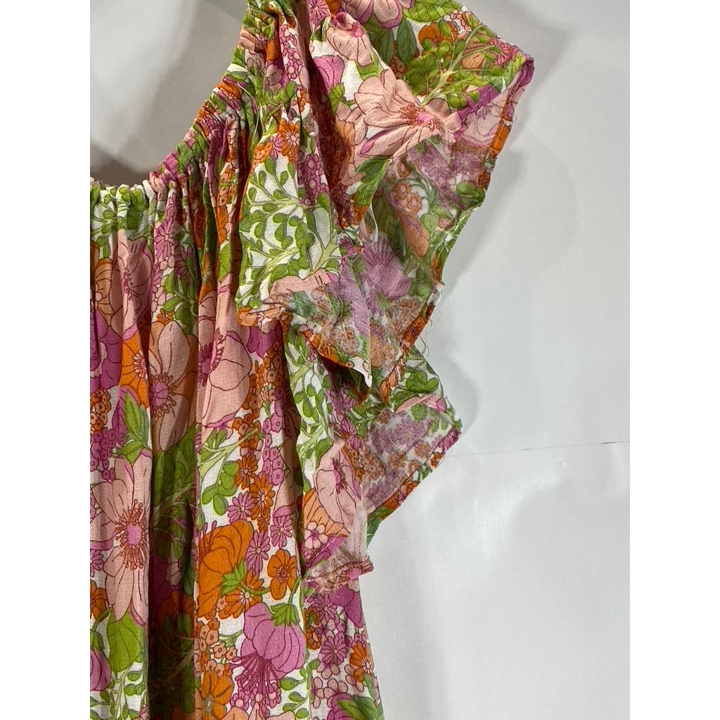 RACHEL ZOE Women's Green/Pink Floral Print Ruffle Belted Mini Dress SZ S