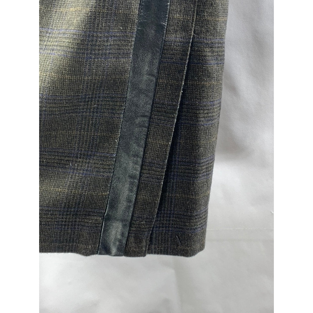 CLUB MONACO Women's Brown Plaid Wool-Blend Leather Trim Side Slit Skirt SZ 2