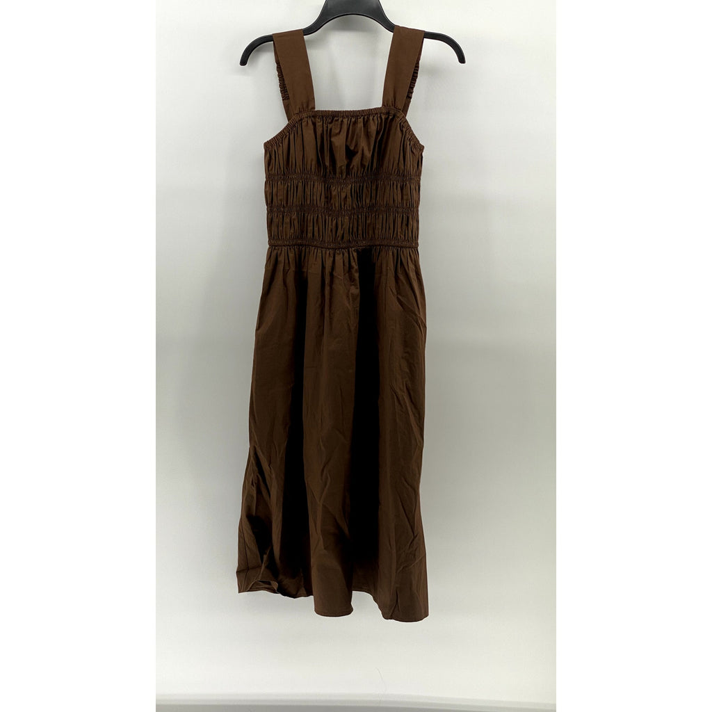 THE DROP Women's Brown Lu Wide Strap Smocked Fit & Flare Knee Length Dress SZ S