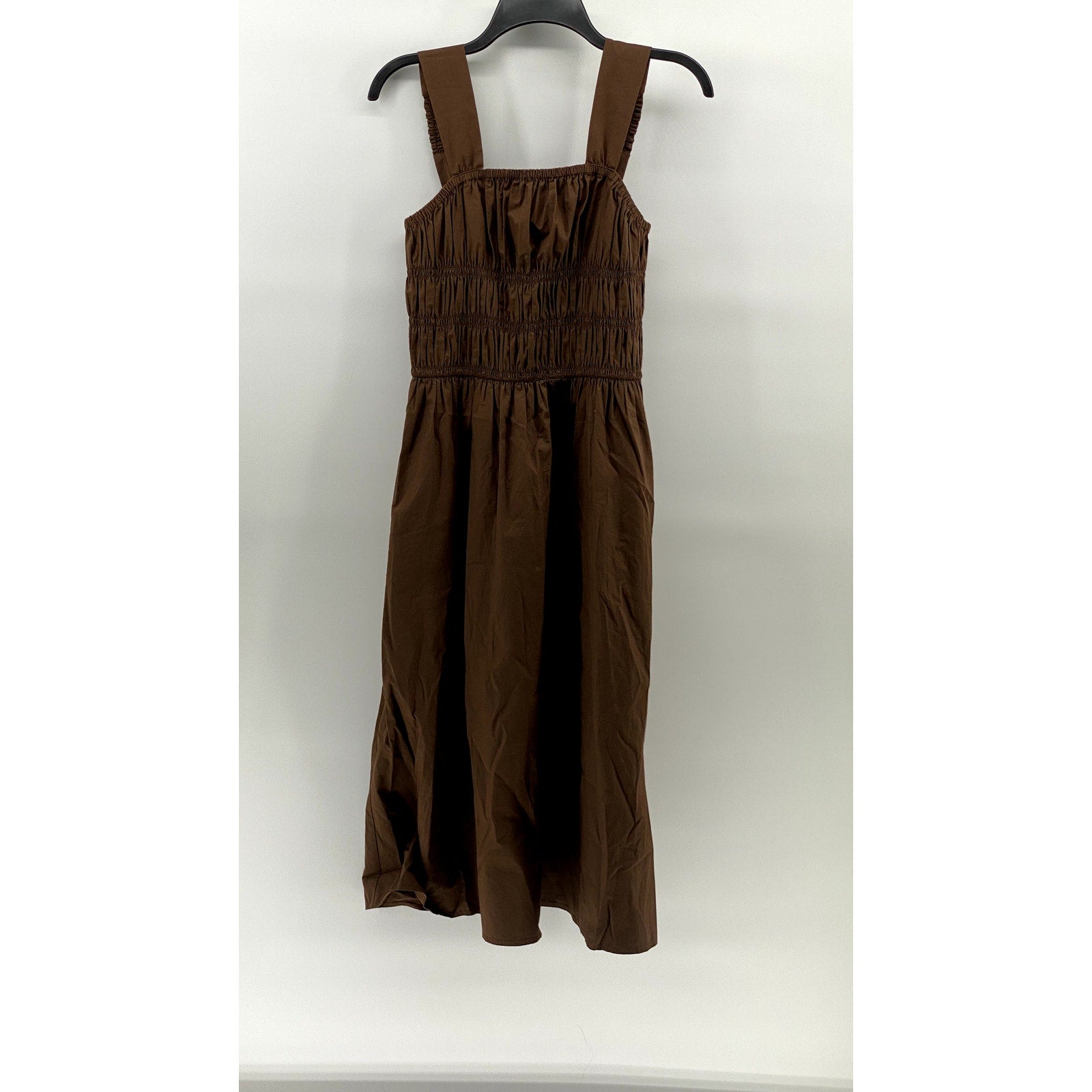THE DROP Women's Brown Lu Wide Strap Smocked Fit & Flare Knee Length Dress SZ S