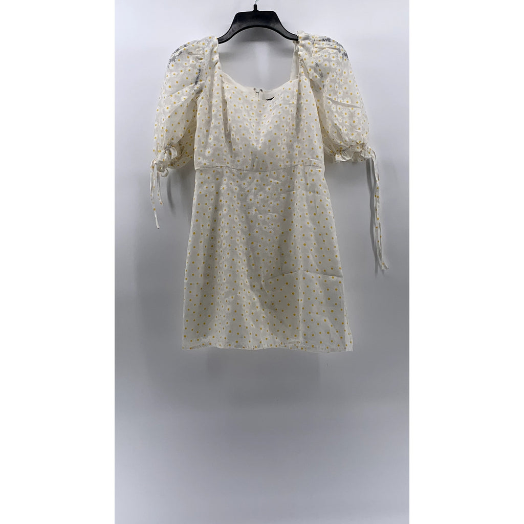 FOREVER 21 Women's White-Yellow Daisy Print Short Puff Sleeve Mini Dress SZ S
