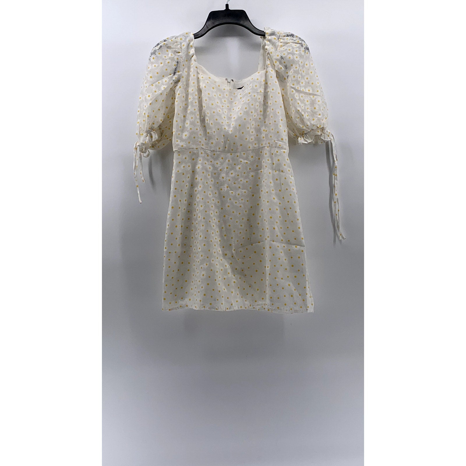 FOREVER 21 Women's White-Yellow Daisy Print Short Puff Sleeve Mini Dress SZ S