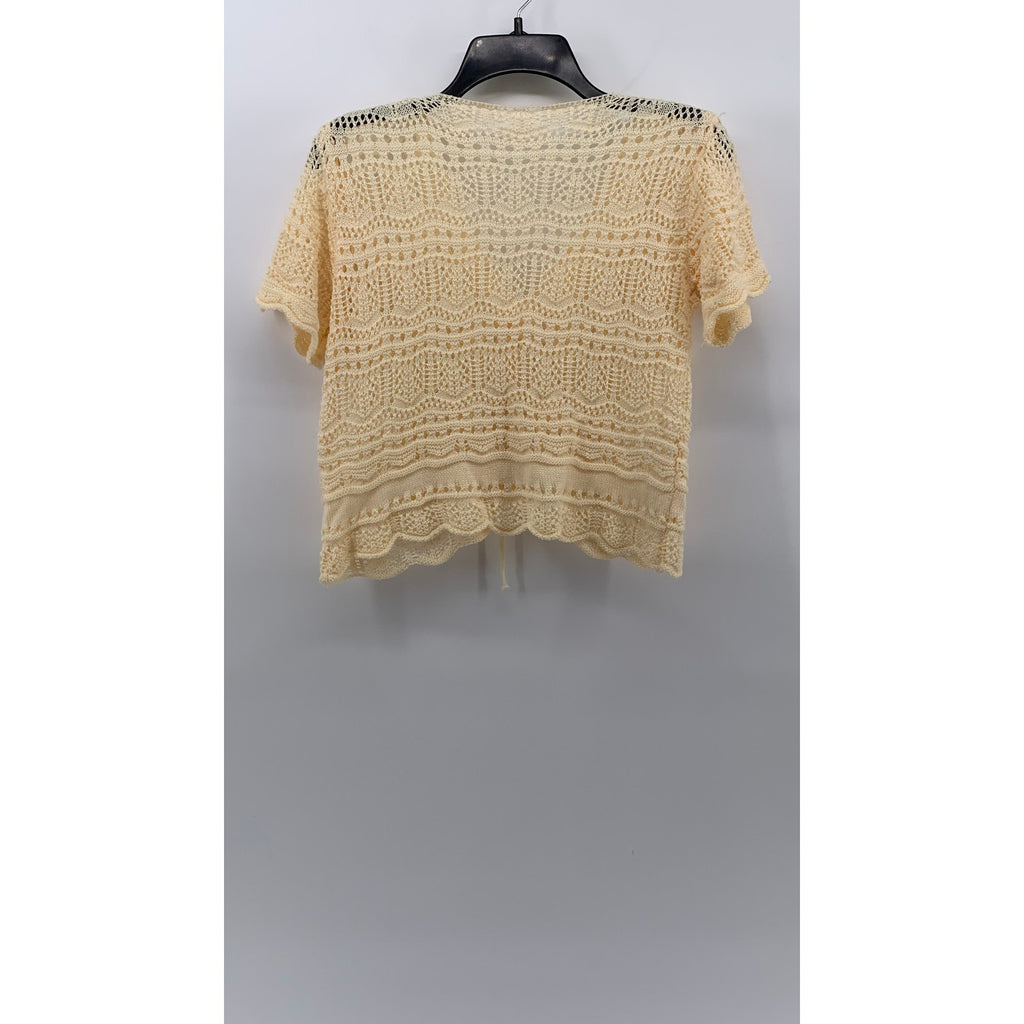 UNBRANDED Women's Cream Crochet Knit V-Neck Short Sleeve Cinch Relaxed Top SZ S