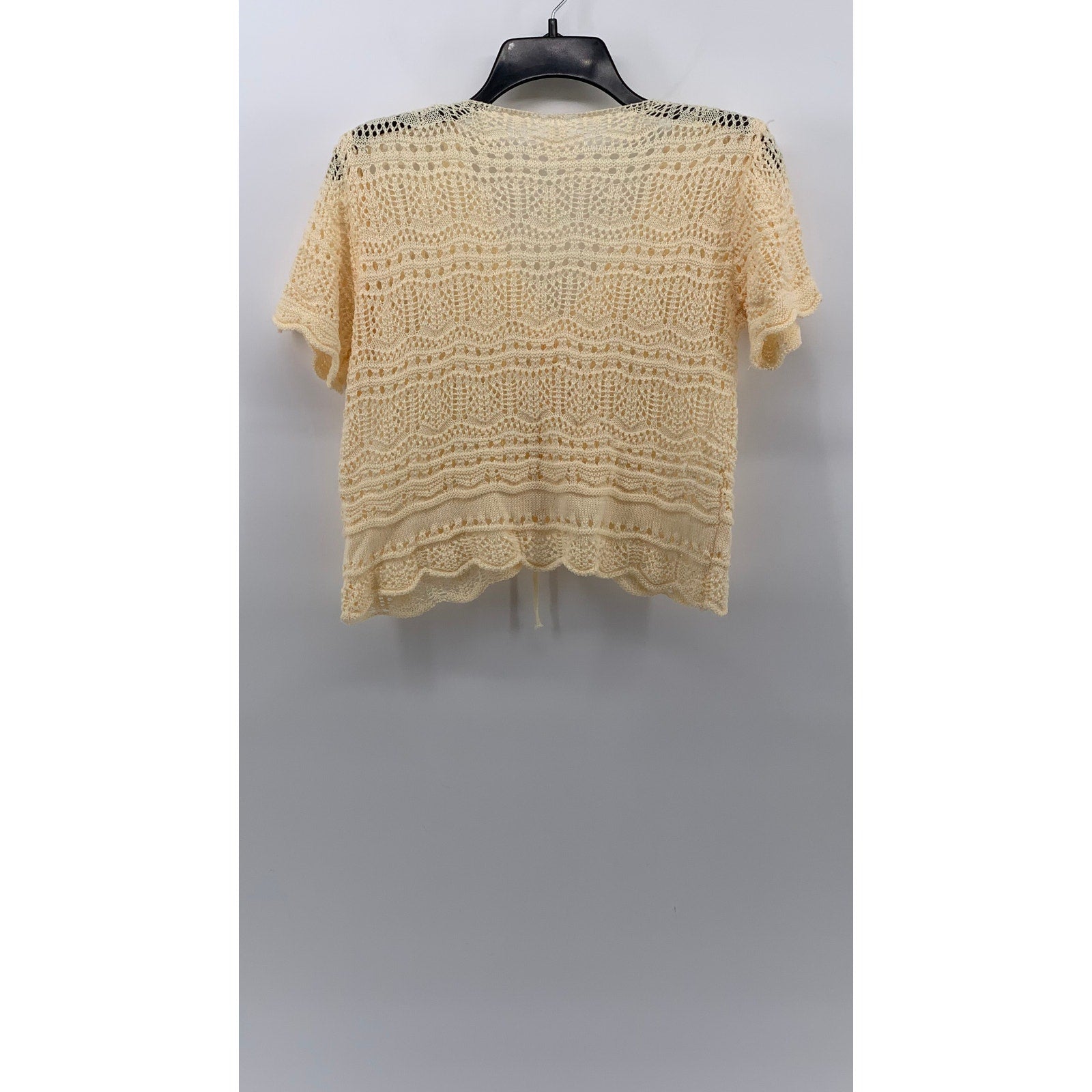 UNBRANDED Women's Cream Crochet Knit V-Neck Short Sleeve Cinch Relaxed Top SZ S