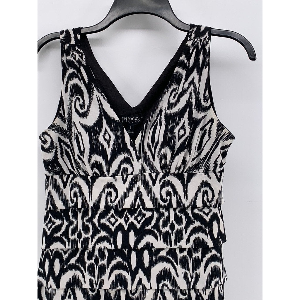 ENFOCUS STUDIO Women's Black-White Printed Sleeveless V-Neck Sheath Dress SZ 8