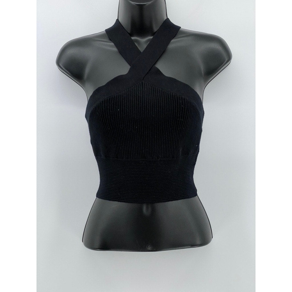 ABERCROMBIE & FITCH Women's Black Ribbed Sleeveless Halter Cropped Top SZ S