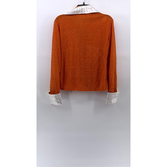 RODS Women's Orange-White Metallic Rhinestone Lightweight Zip-Up Top SZ L