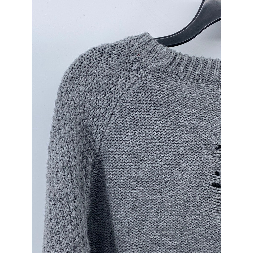COTTON EMPORIUM Women's Gray Cable Knit Crewneck Distressed Pullover Sweater SZM