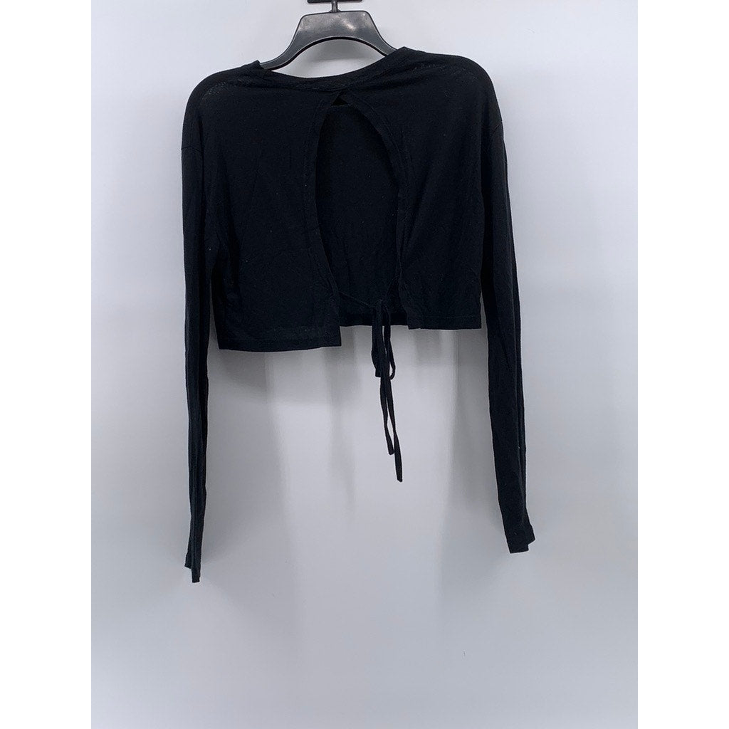UNBRANDED Women's Black Crewneck Long Sleeve Tie-Back Keyhole Cropped Top SZ S