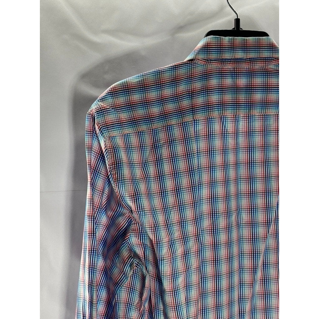 MARCS Men's Blue-Red Plaid Button-Up Regular-Fit Long Sleeve Shirt SZ M