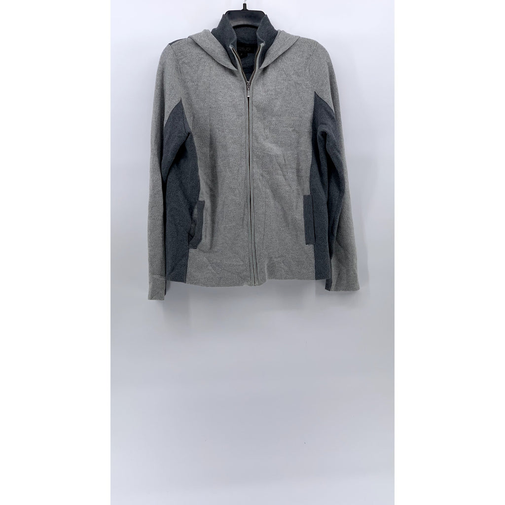 RACHEL ZOE Women's Dark-Light Gray Coloblock Knit Zip-Up Hooded Sweater SZ L