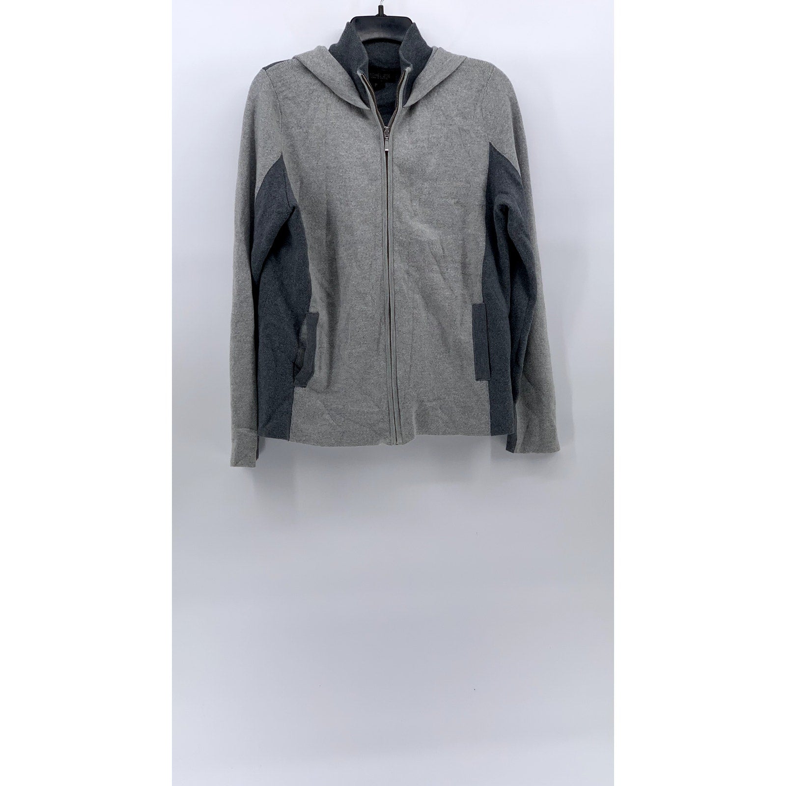 RACHEL ZOE Women's Dark-Light Gray Coloblock Knit Zip-Up Hooded Sweater SZ L