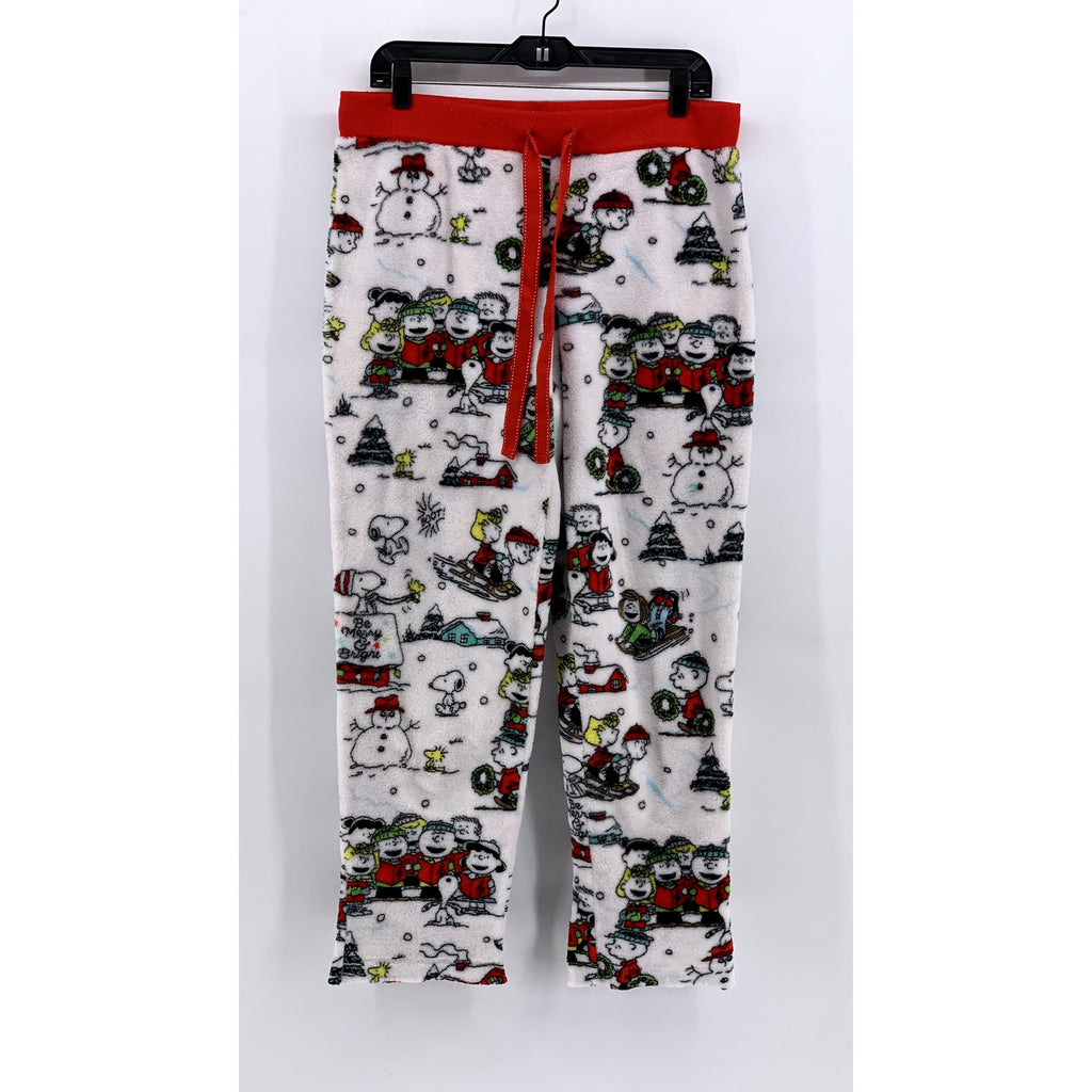 PEANUTS Women's White-Red Snoopy Christmas Printed Pajama Pants SZ L
