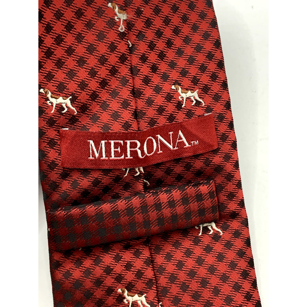 MERONA Men's Red Embroidered Dog Gingham Print Tie