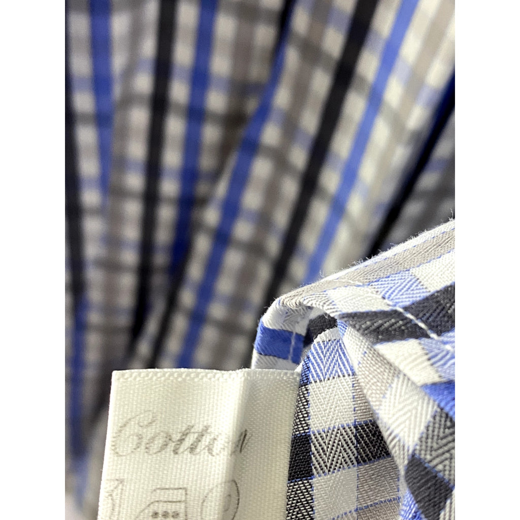 DALVEY Men's Blue-Black Gingham Slim-Fit Button-Up Long Sleeve Shirt SZ 16(M)