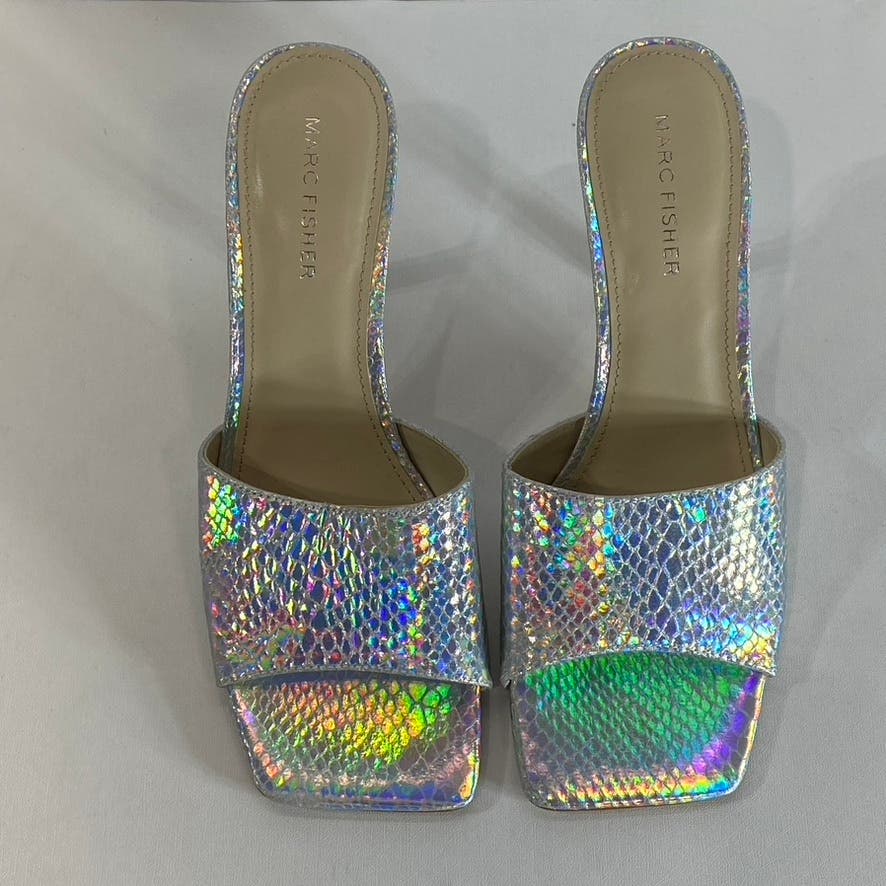 MARC FISHER Women's Silver Metallic Danria Embossed Square-Toe Sandals SZ 9.5