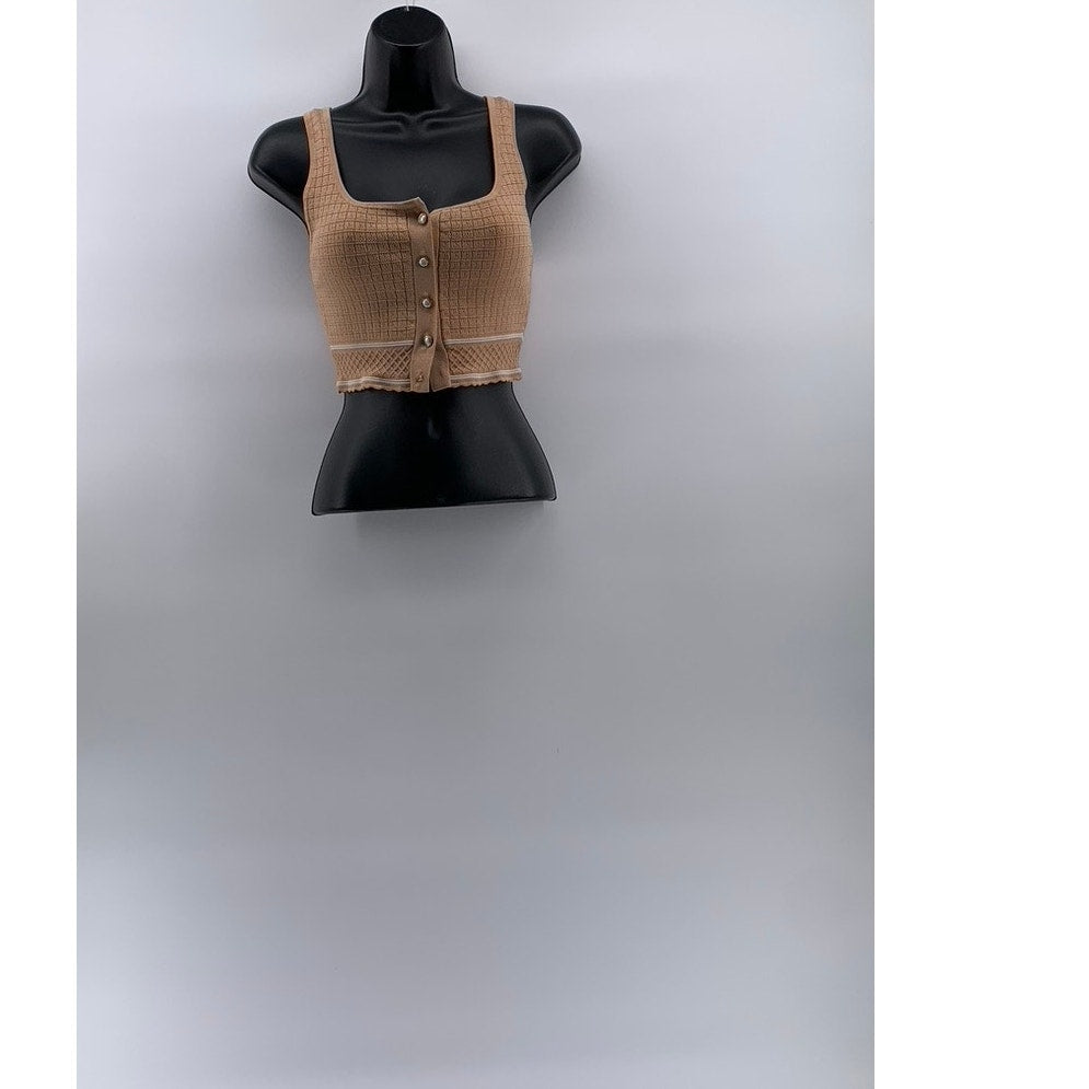 BABATON Women's Tan Sculpt Knit Button-Front Straight-Neck Cropped Tank Top SZ M