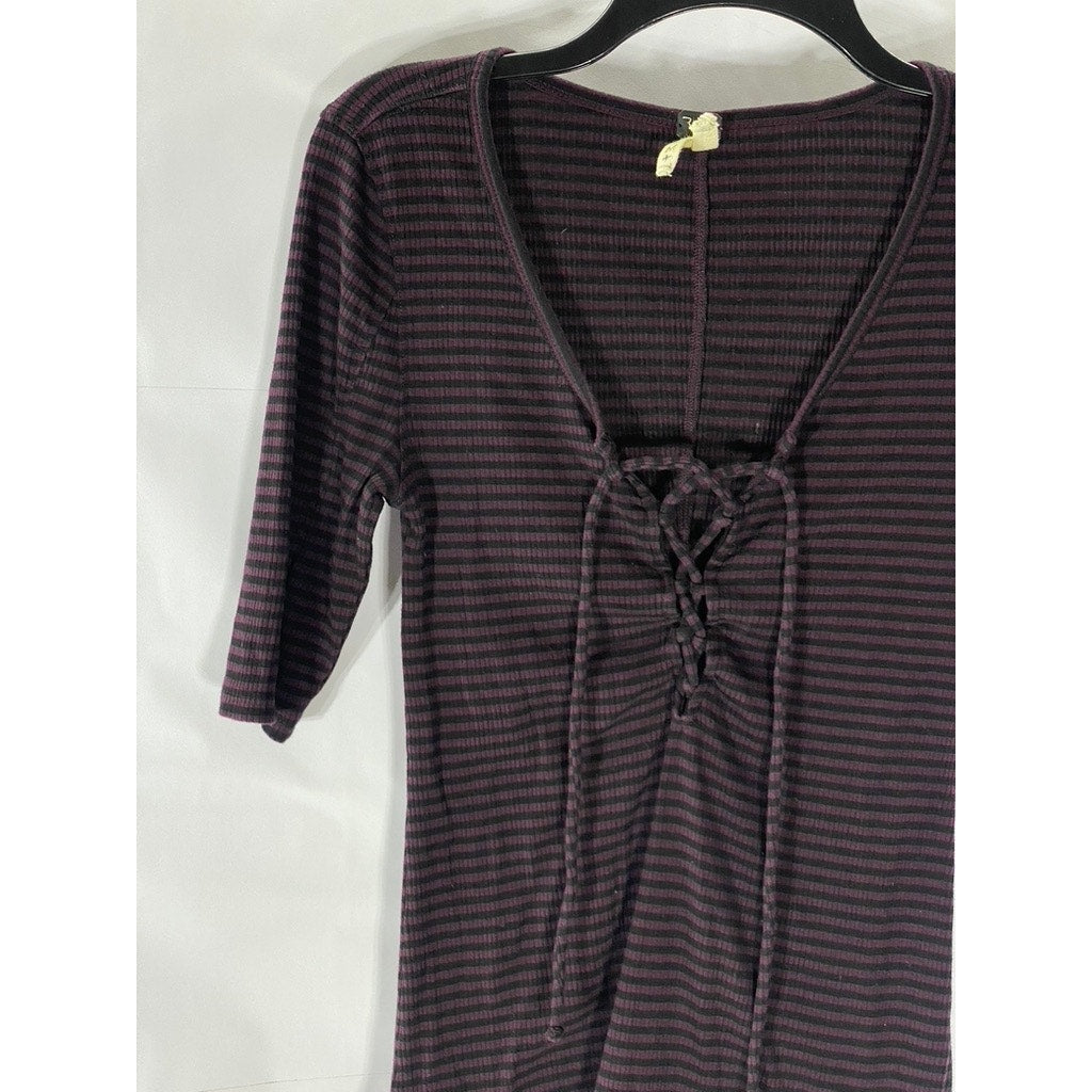 WE THE FREE Women’s Purple-Black Striped V-Neck Lace-Up 3/4 Sleeve Top SZ M