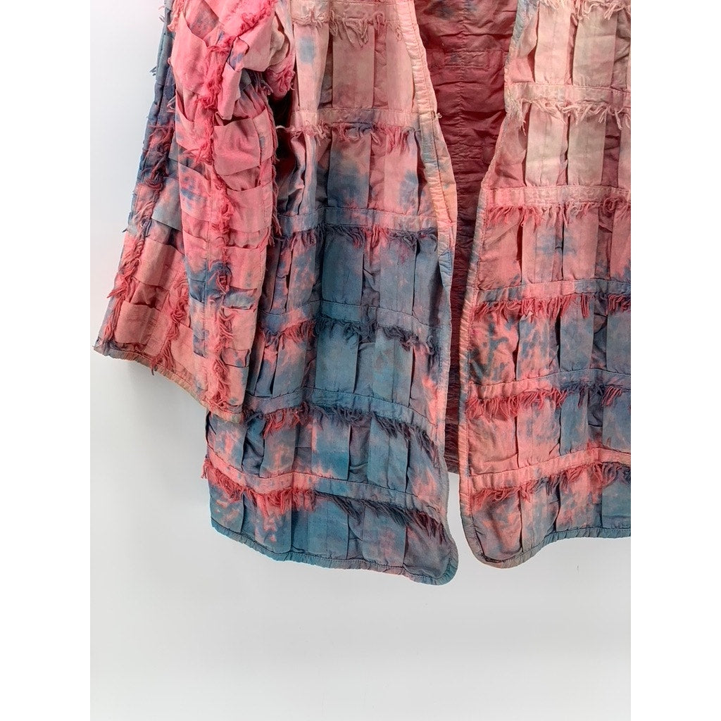 YAKMAGIK Women's Blue-Pink Textured Fringe Long Sleeve Open-Front Shirt SZ OS