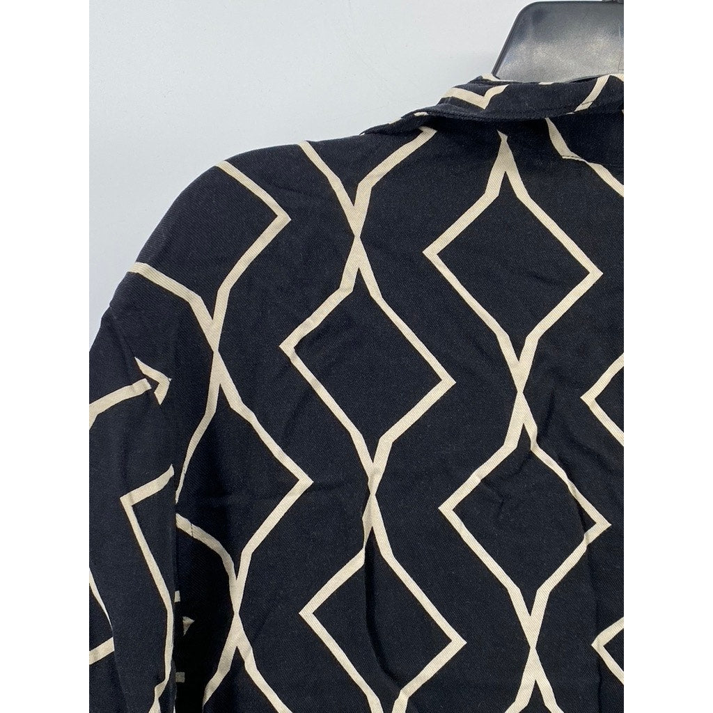 ZARA Men's Black-Beige Geo Print Button-Up Short Sleeve Shirt SZ S