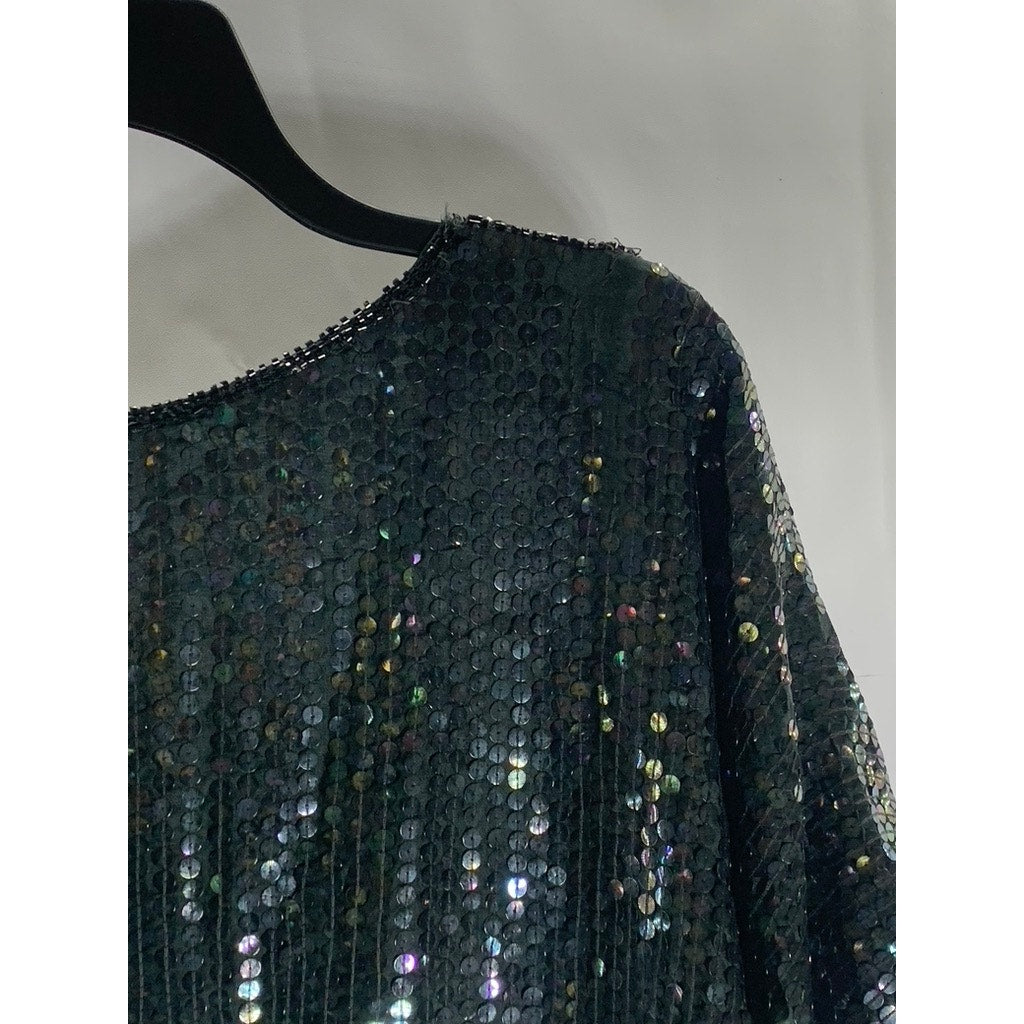 UNBRANDED Women's Vintage Black Sequin Embellished V-Neck Short Sleeve Top SZ S