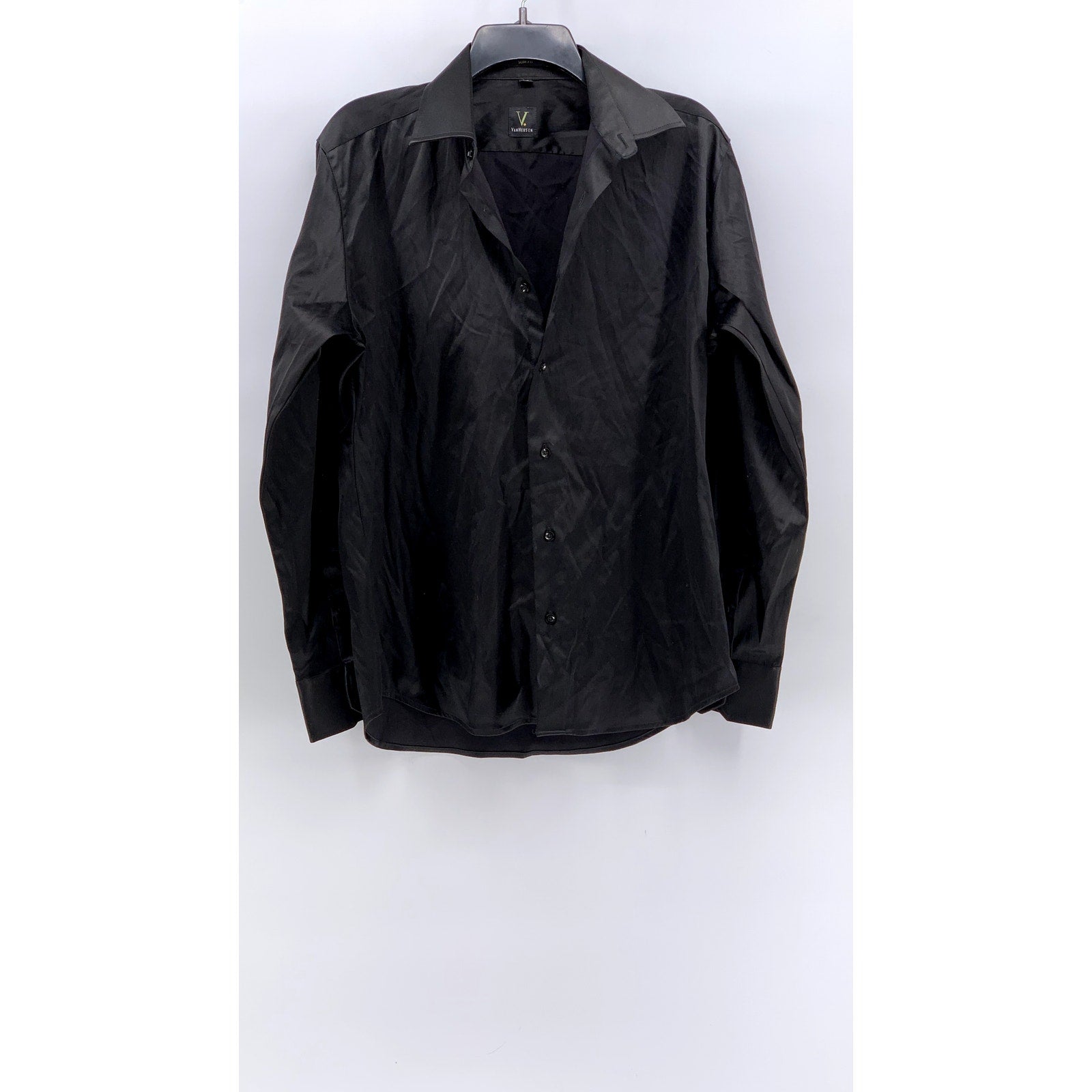 VAN HEUSEN Men's Black Solid Slim-Fit Button-Up Long Sleeve Shirt SZ 15.5