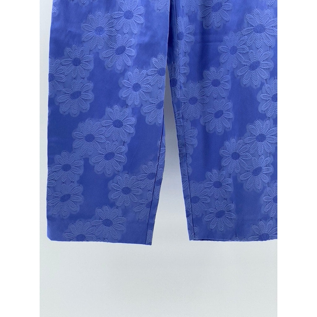 SUSAN GRAVER STYLE Women's Blue Embroidered Floral Side-Zip Cropped Pants SZ M