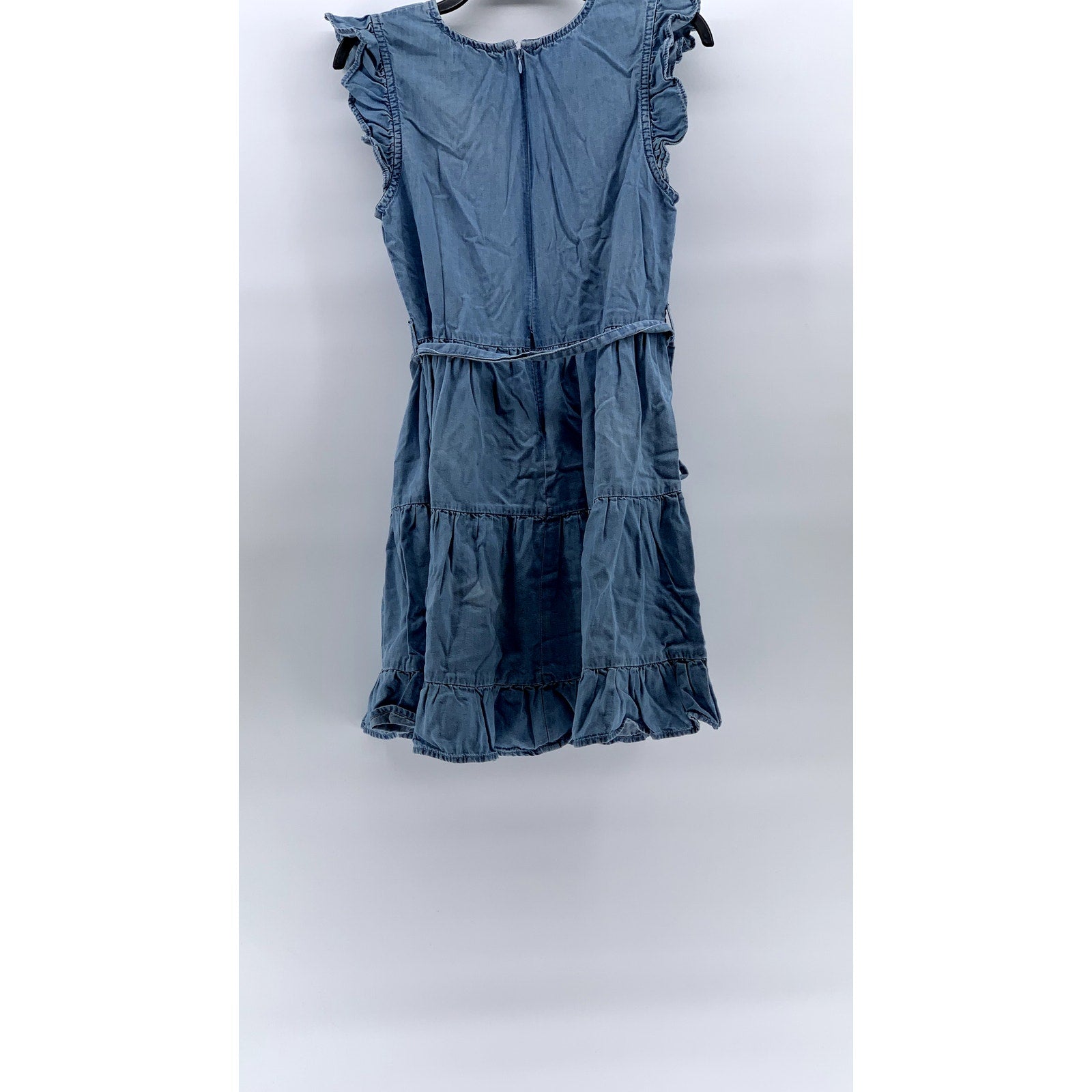 PRIMARK Women's Blue Denim Crewneck Ruffle Belted Fit & Flare Mini Dress SZ 8