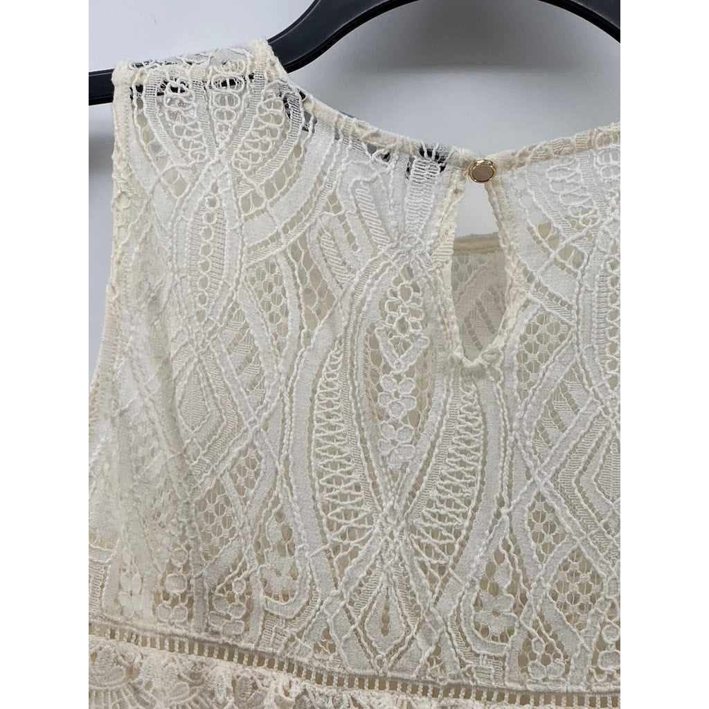ZARA Women's Cream Knit Crewneck Ruffle Lace Sleeveless Top SZ S
