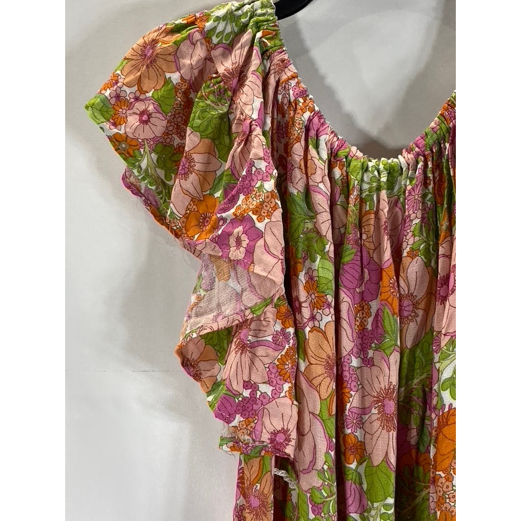 RACHEL ZOE Women's Green/Pink Floral Print Ruffle Belted Mini Dress SZ S