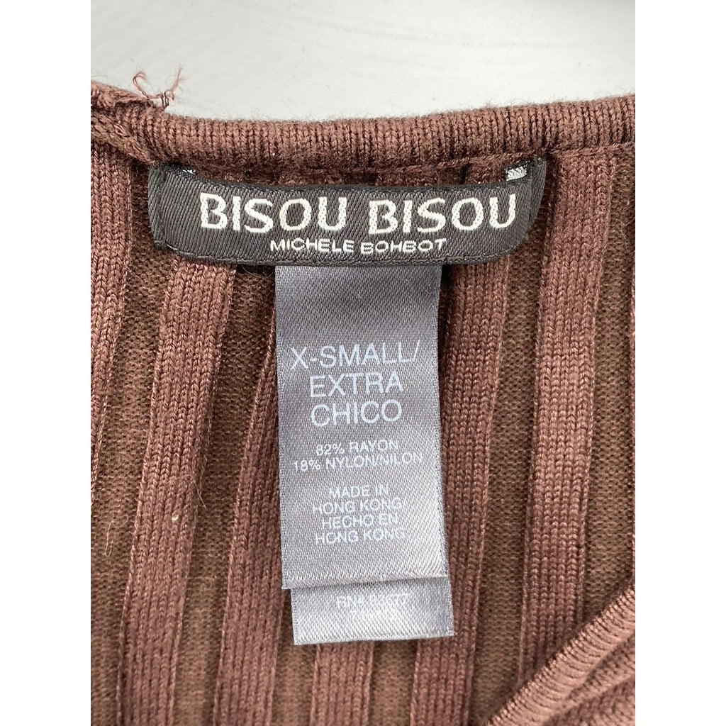 BISOU BISOU Women’s Brown Wide Rib Long Sleeve Half-Zip Sweater Top SZ XS