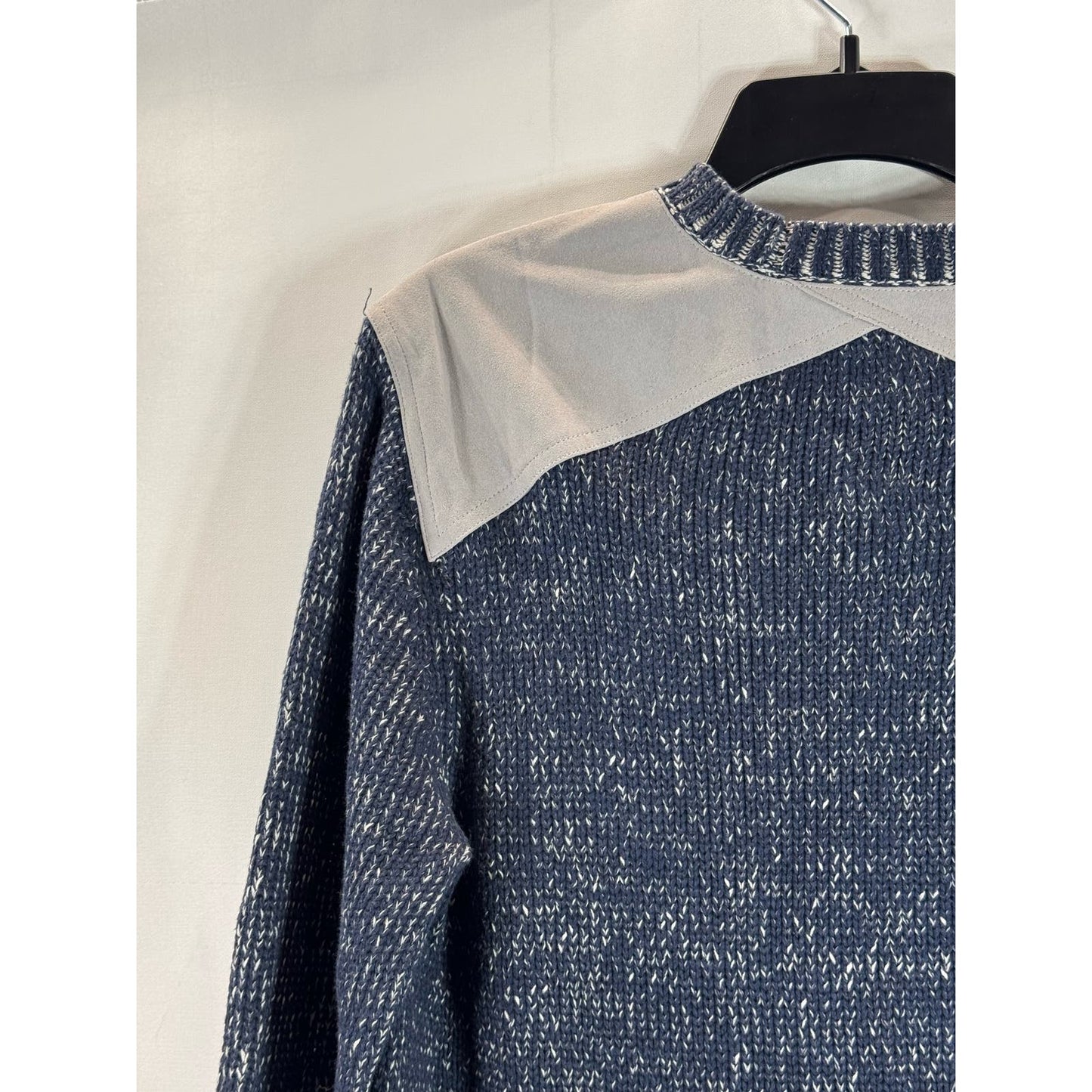 MICHAEL STARS Men's Navy/Gray Suede Yoke Crewneck Knit Pullover Sweater SZ L