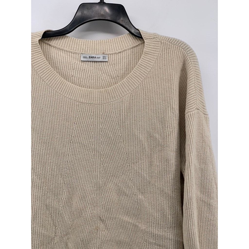 ZARA Women's Beige Rib Knit Scoop-Neck Sweater SZ M