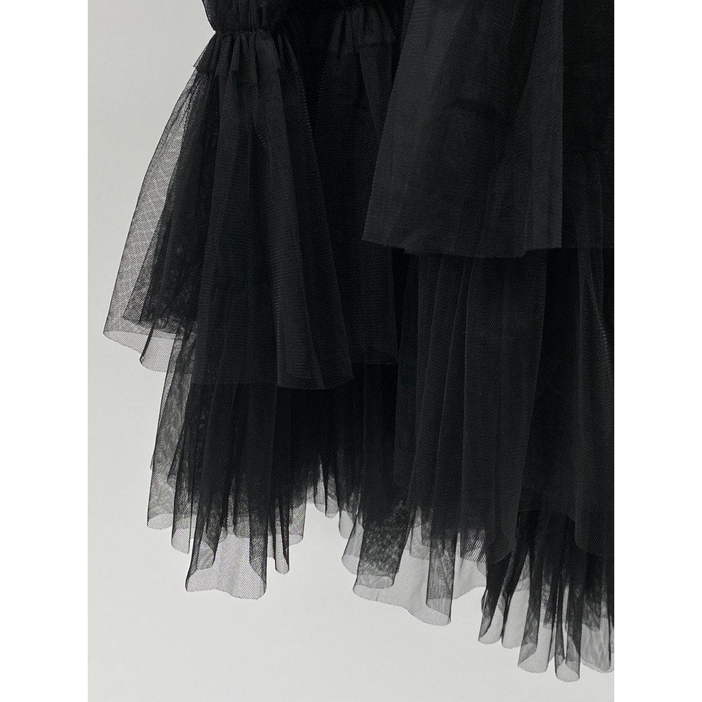 BEULAHSTYLE Women's Black Ruffle Mesh Tiered Midi Skirt SZ S