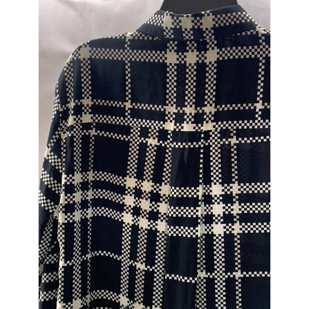 CALVIN KLEIN Women's Black/White Plaid Regular-Fit Button-Up Long Sleeve Top SZM