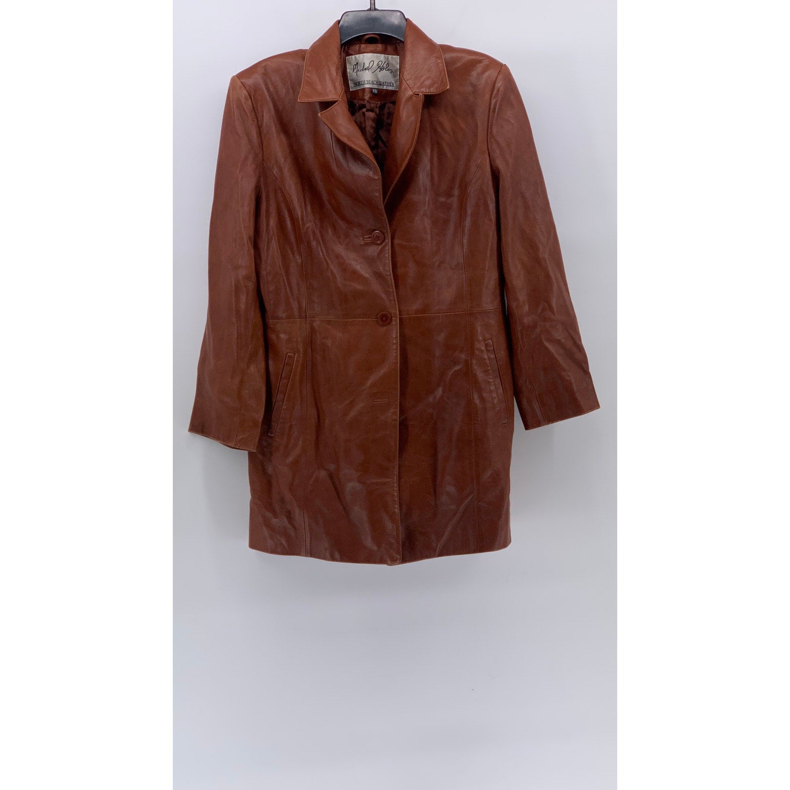 MICHAEL HOBAN Women’s Brown Leather North Beach Button-Up Long Sleeve Coat SZ 10