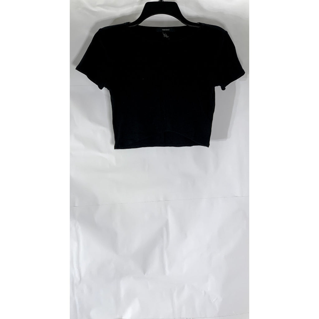 FOREVER 21 Women’s Black Ribbed Crewneck Short Sleeve Cropped Top SZ M