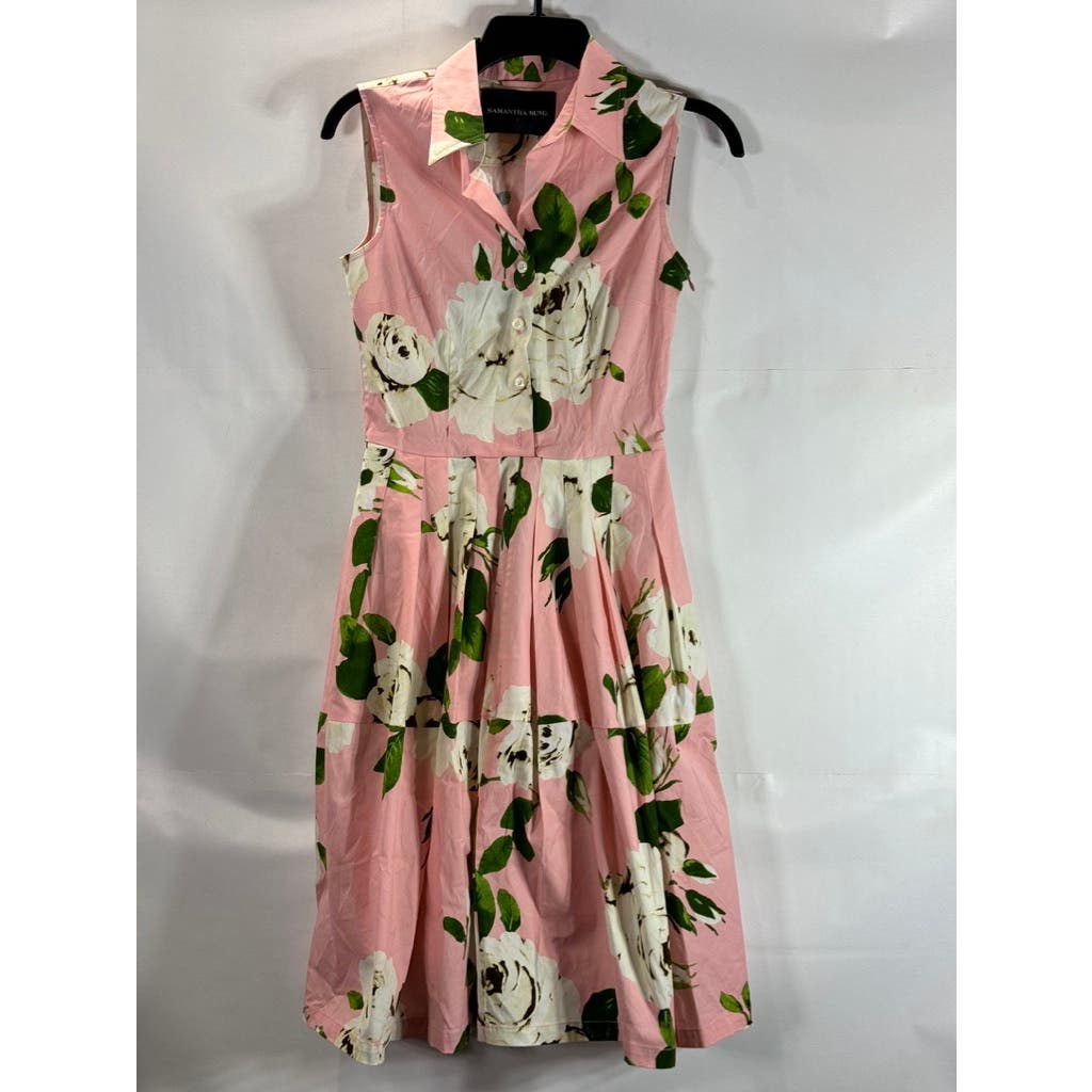 SAMANTHA SUNG Women's Pink Floral Claire Sleeveless Knee-Length Shirtdress SZ 2