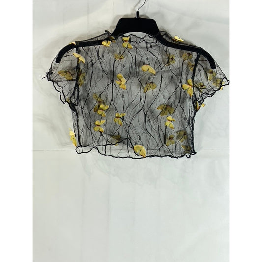 Women's Black/Yellow 3D Butterfly Mesh Short Sleeve Cover Up Top