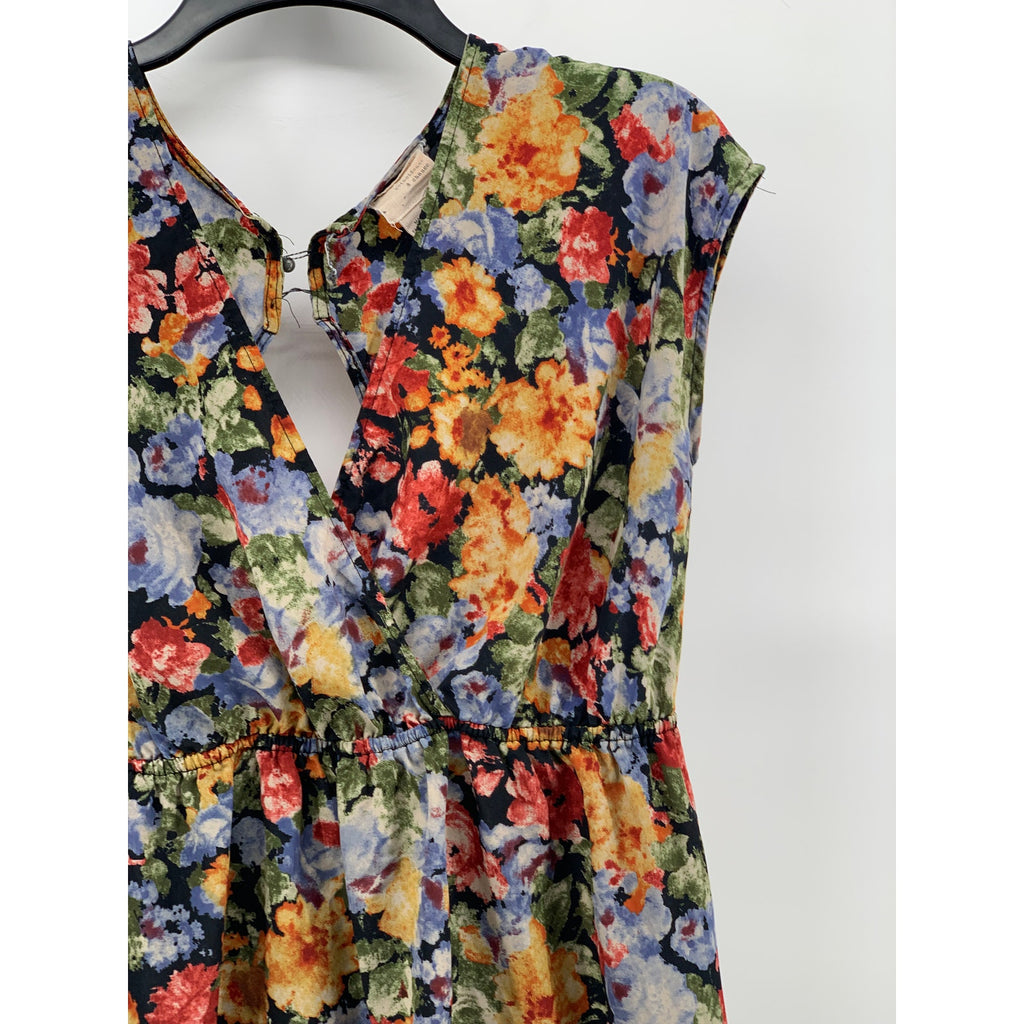 COINCIDENCE & CHANCE Women's Black Floral Surplice Neck Knee Length Dress SZ S