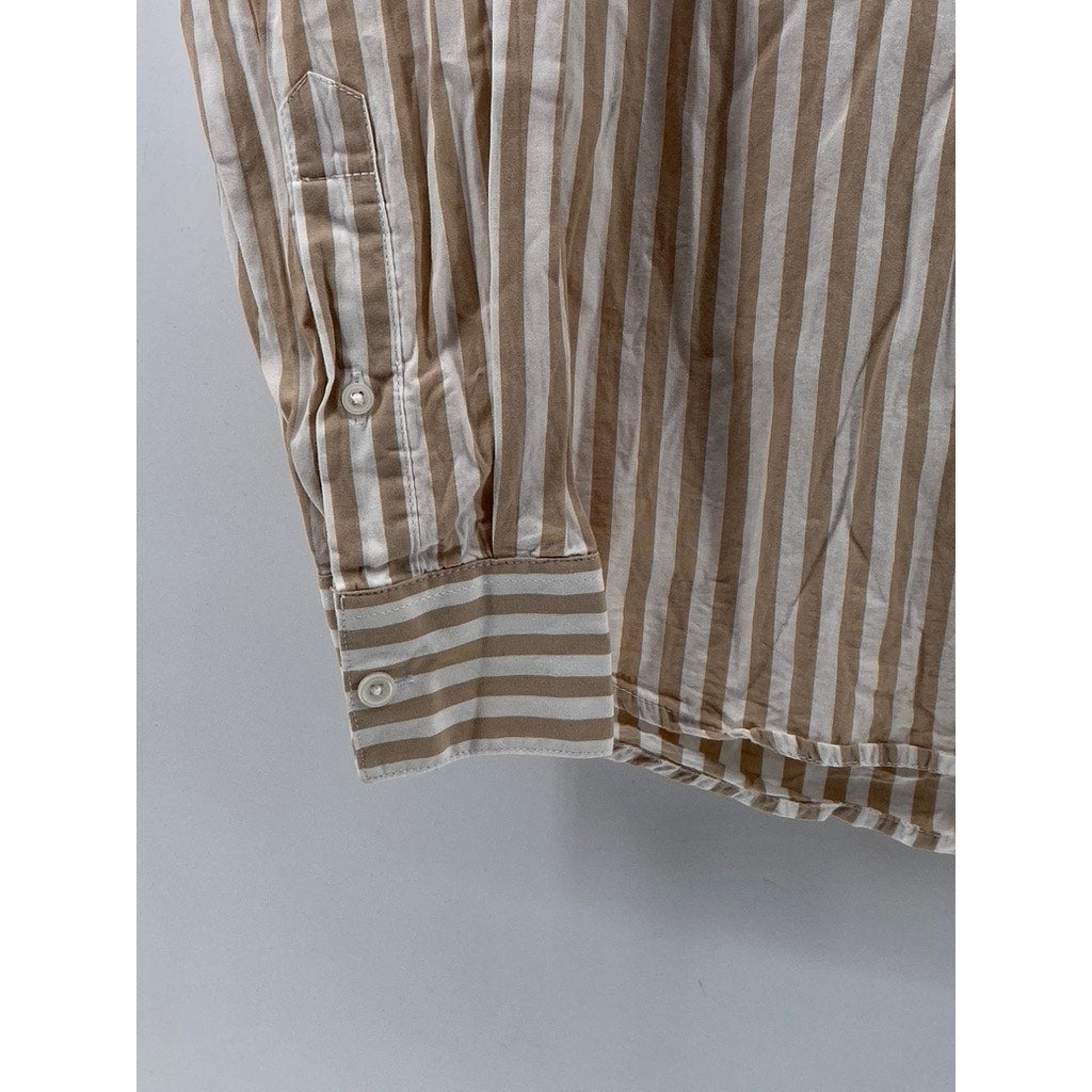 H&M Men's Brown-White Striped Regular-Fit Button-Up Long Sleeve Shirt SZ S