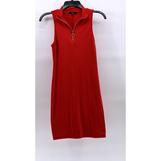 AMBIANCE Women's Red Ribbed Mock-Collar Half-Zip Sleeveless Mini Dress SZ S